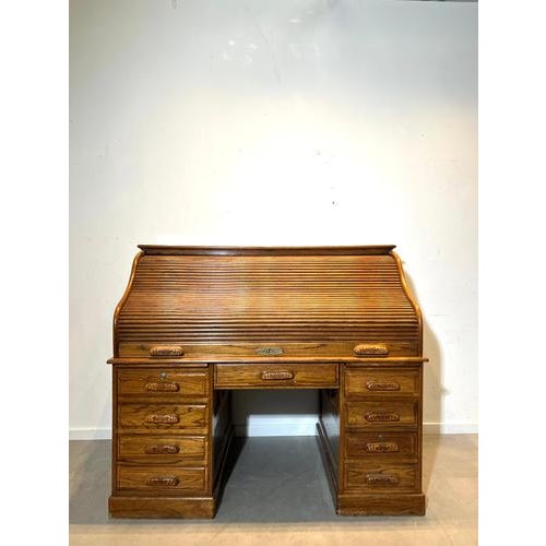 Antique Oak Roll Top Filing Desk with Tambour Shutter For Sale - Image 6 of 6