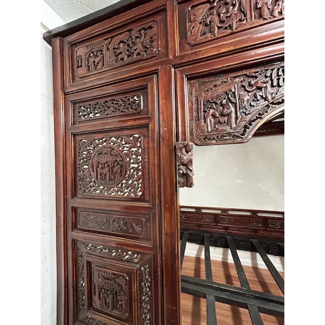 Red Antique Chinese Traditional Qing Dynasty Hand Carved Bed All Original Pieces For Sale - Image 8 of 12