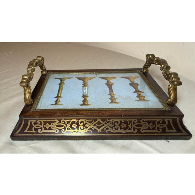Wood Antique 19th Century French Boulle Wood Brass Original Watercolor Vanity Tray For Sale - Image 7 of 14