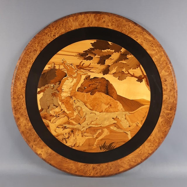 Large Vintage Round Inlaid Wood Deer Painting, Italy, 1960s For Sale - Image 12 of 12