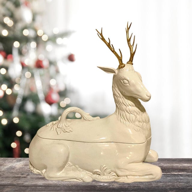 Late 20th Century Vintage Mottahedeh Majestic Stag or Reindeer Tureen Holiday Table Decoration or Serving Tureen With Gold Antlers For Sale - Image 5 of 5