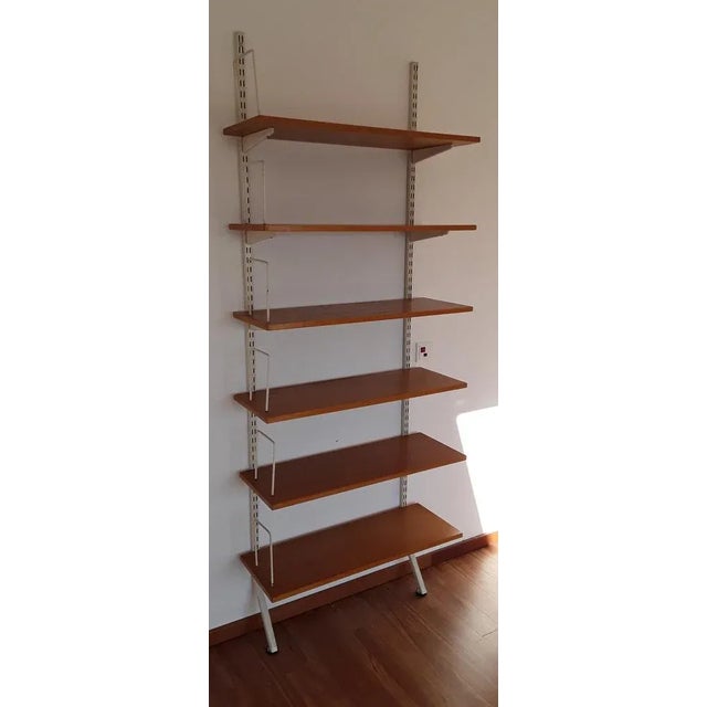 Mid-Century Modern Mid-Century Minimalist Bookcase with Adjustable Shelves in Yellow-Brown Wood and Book Supports for White Painted Iron Frame from Sparrings For Sale - Image 3 of 7