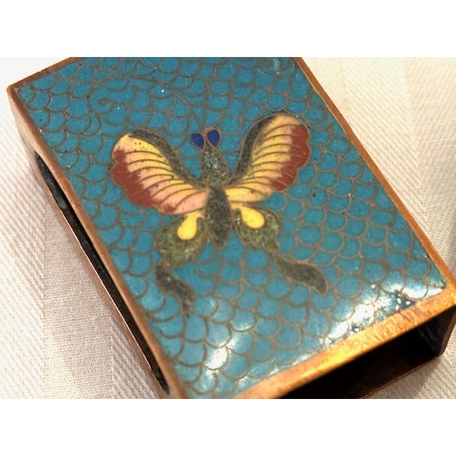 Chinese Vintage Chinese Cloisonné and Brass Set With Small Round Dish and Matchbox Cover- 2 Pieces For Sale - Image 3 of 6