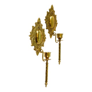 Vintage Brass Wall Hanging Candle Sconces - a Pair For Sale