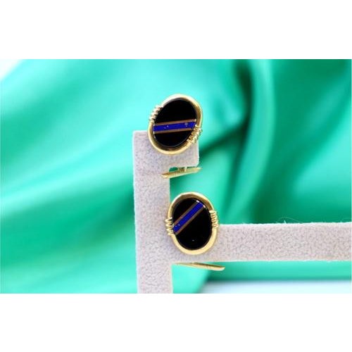 Gold Cufflinks with Blue Stripe Reliefs on Oval Onyx, Set of 2 For Sale - Image 5 of 8