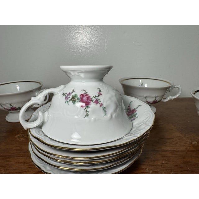 Vintage Wawel Poland Porcelain Tea Cup Saucer Set 5 Floral Gold Trim - 10 Pcs For Sale - Image 9 of 18