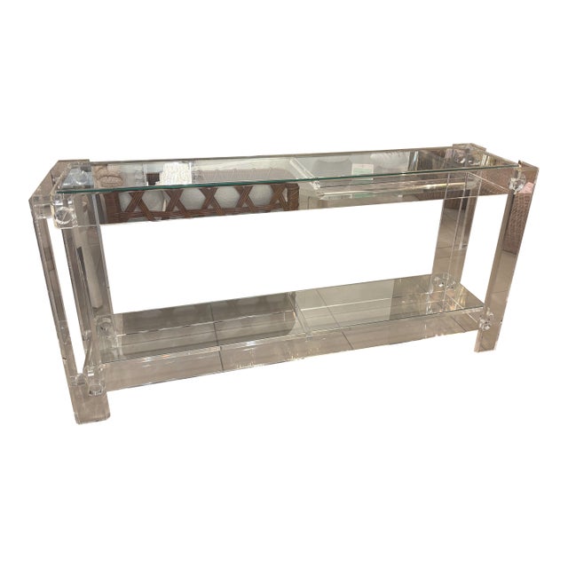 Vintage Modern Peg Lucite Console Table Two Tier New Glass Tops For Sale