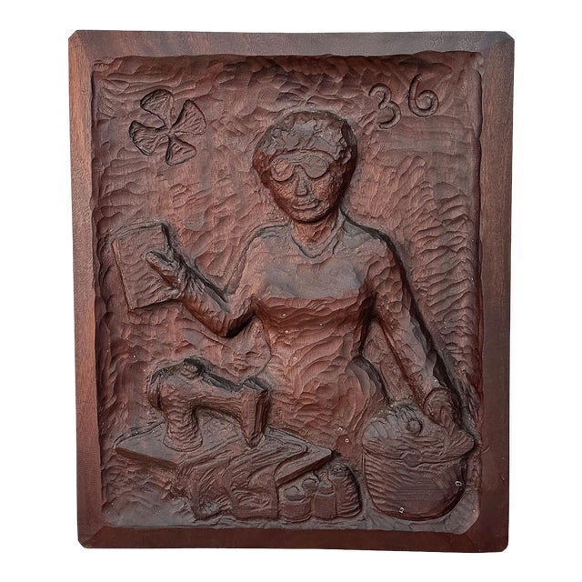 Antique Folk Art Carved Mahogany Women Wall Hanging Panel For Sale