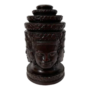 8.5” Vintage Wood Hand-Carved Four-Faced Buddha Head Statue