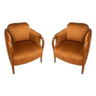 Vintage Barrel Back Chairs in Amber Velvet, Carved Oak Arms – Pair For Sale