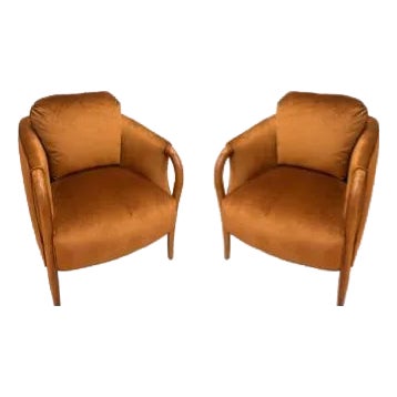Vintage Barrel Back Chairs in Amber Velvet, Carved Oak Arms – Pair For Sale