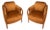 Vintage Barrel Back Chairs in Amber Velvet, Carved Oak Arms – Pair For Sale