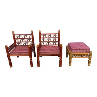 Moroccan Style Spindle Pair of Painted Side Chairs and Ottoman For Sale