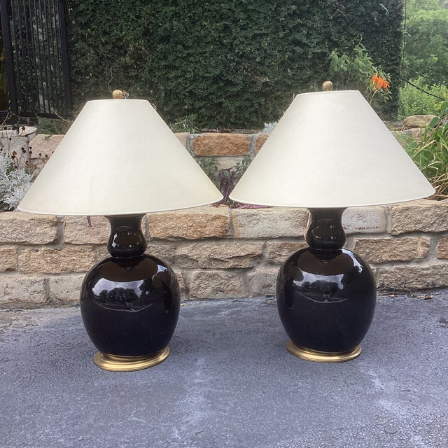 Pair of Ralph Lauren Gloss Black "Malin Ming" Lamps With Cream Coolie Shades and Brass Bases For Sale In Atlanta - Image 6 of 11