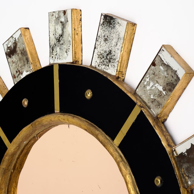 Spanish Modernist Sunburst Mirror in Giltwood, Black Glass and Brass, Circa 1990 For Sale - Image 9 of 9