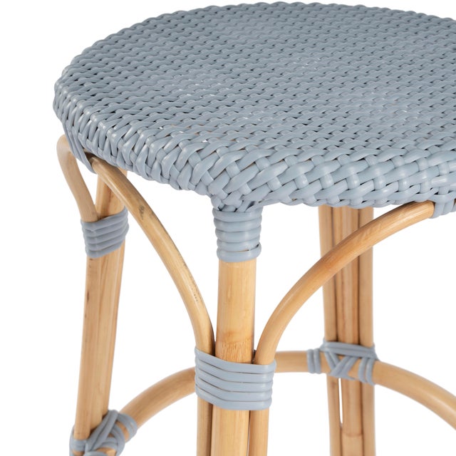 Tobias 24 in. Seat Height Round Rattan Backless Counter Stool, Baby Blue/ Natural Rattan Frame For Sale In Chicago - Image 6 of 8