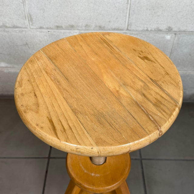 Vintage Swedish Industrial Adjustable Swivel Wooden Stool with Screw, 1970s For Sale - Image 6 of 11