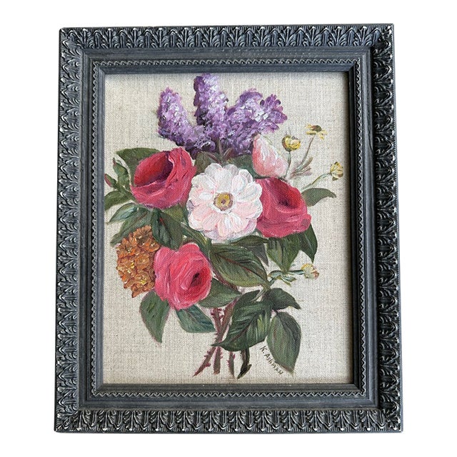‘Vintage Garden” 8x10 Traditional Botanic Inspired Pink and Purple Floral Painting on Natural Linen Canvas Framed in Antique Style Black Frame. For Sale