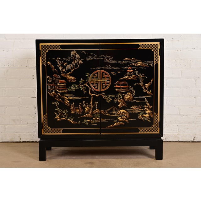 Drexel Heritage Hollywood Regency Chinoiserie Hand-Painted Black Lacquered Bar Cabinet For Sale - Image 12 of 12