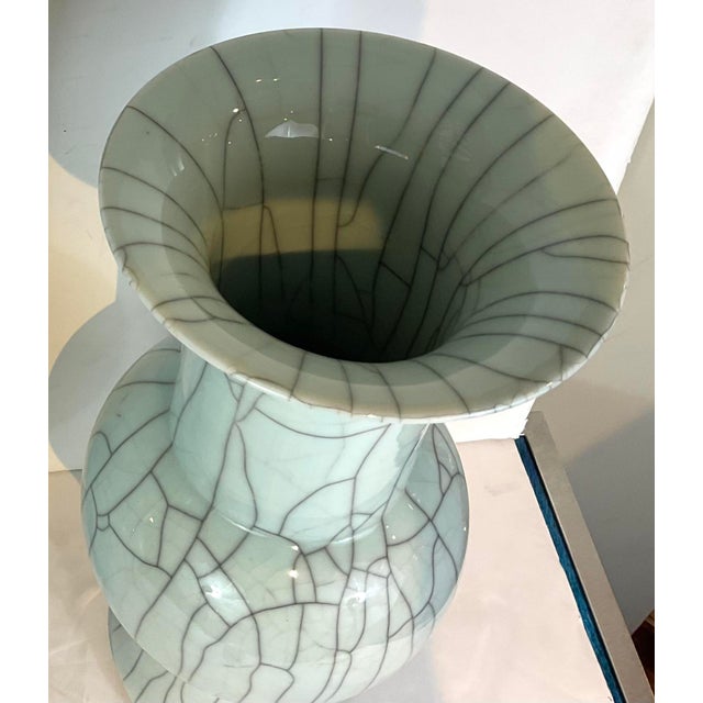 Stylish Currey & Company Modern Robins Egg Blue Roku Glaze Porcelain Vases Pair, showroom floor sample