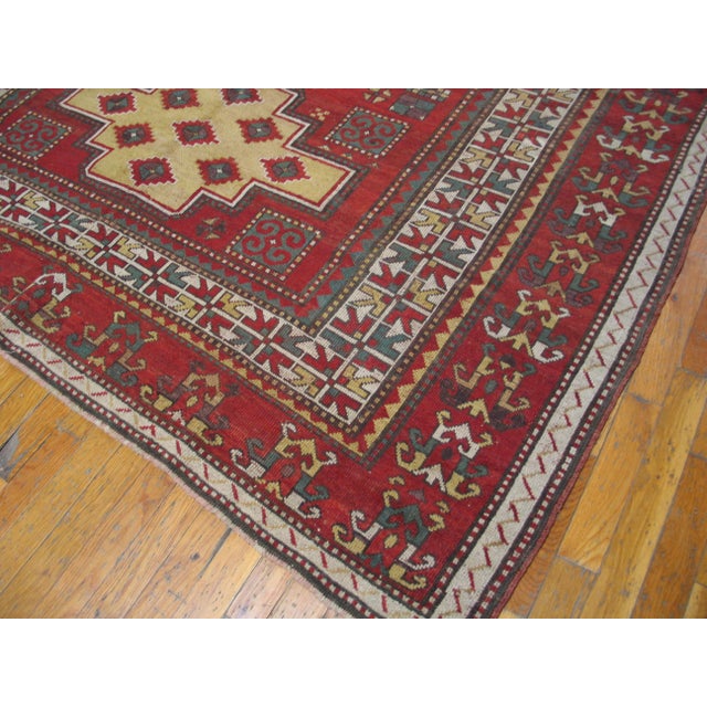 Late 19th Century 1890s Red Geometric Tribal Caucasian Kazak Fachralo Rug 6'8" X 7'9" Handknotted Wool Carpet For Sale - Image 5 of 5