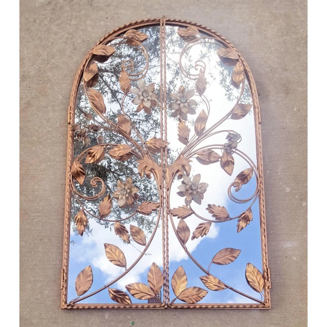 Gold Vintage Tole Arched Regency 2 Door Gold Floral Wall Mirror For Sale - Image 8 of 12