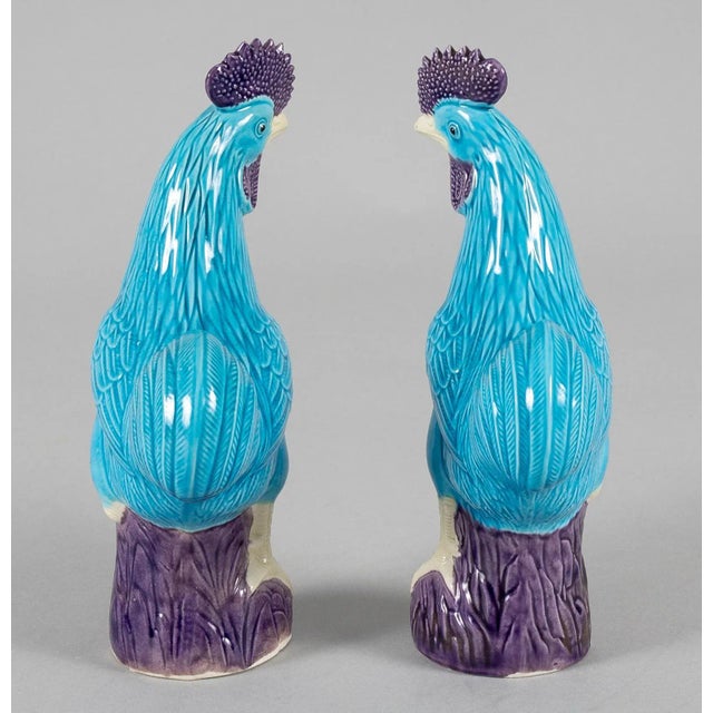 Chinese Export Porcelain Turquoise and Purple Roosters, a Pair For Sale - Image 4 of 8