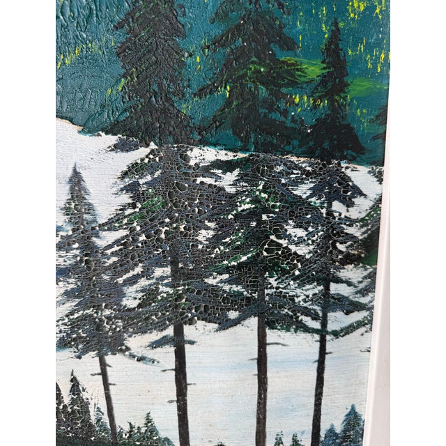 Wood 1970’s Vintage Impressionist Winter Mountain Landscape Oil on Canvas, Framed For Sale - Image 7 of 12