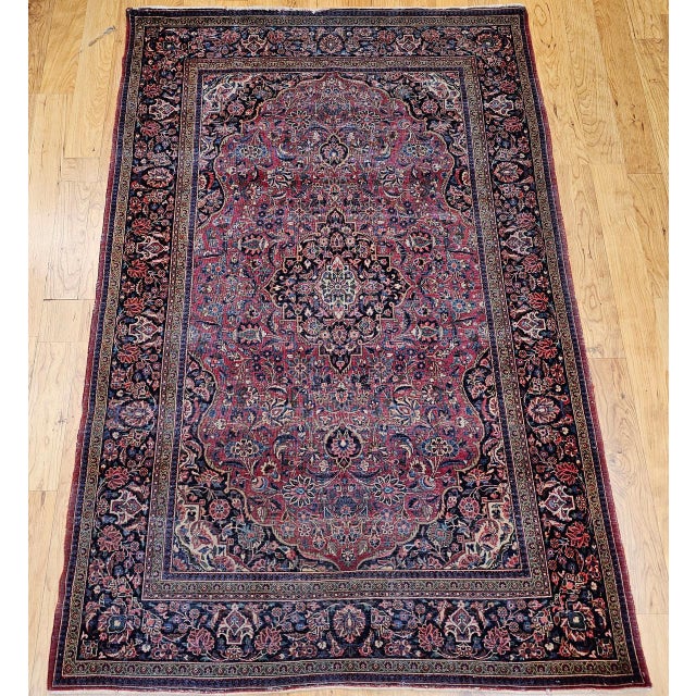 Vintage Persian Kashan Rug, Hand-Knotted Wool & Cotton, Floral Pattern, Red & Navy, 4x6 For Sale - Image 10 of 18