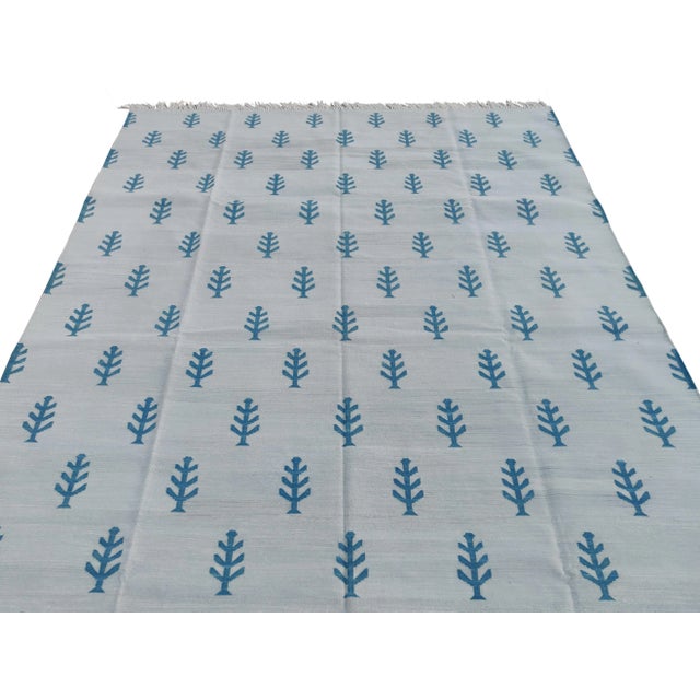 Light Gray Handmade Pale Aqua and Teal Blue Cotton Tree Pattern Rug - 8x10 For Sale - Image 8 of 11