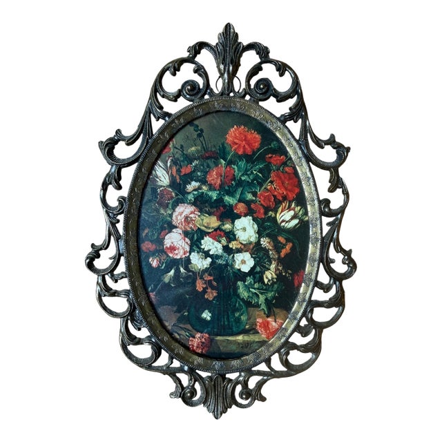 Mid-Century Italian Ornate Cast Metal Oval Wall Plaque – Baroque Floral Still Life For Sale