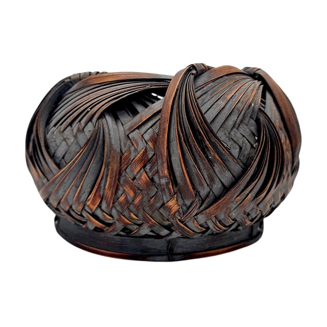 Wood Japanese Showa Period Bamboo Ikebana Basket With Ajiro Weave 8" For Sale - Image 7 of 11