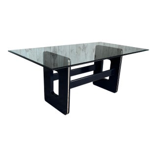 1980s Glass Top Hollywood Regency Black Lacquered, Gold Trim Dining Table For Sale