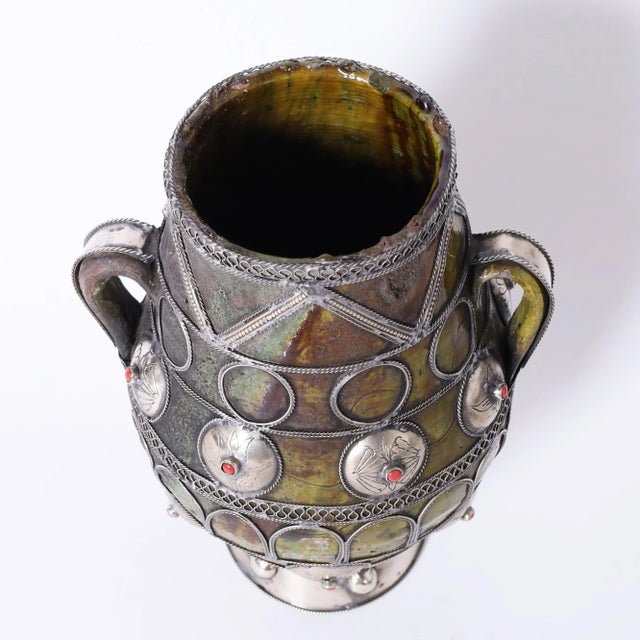 Moroccan Moroccan Earthenware Vase With Metalwork For Sale - Image 3 of 7