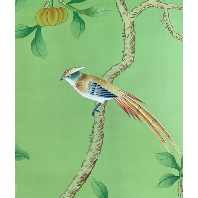 Green Set of 5 Chinoiserie Tropical Forest Birds and Flowers on Emerald Silk Panels For Sale - Image 8 of 10