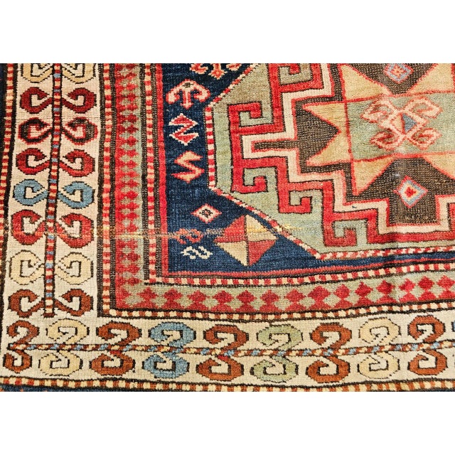 Antique Caucasian Kazak Area Rug, Hand-Knotted Wool, Geometric Medallion Pattern, 5x5 For Sale - Image 18 of 18