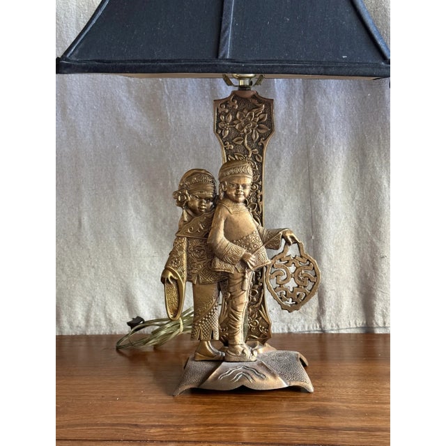 Art Deco Vintage 1930's Brass Oriental Table Lamps With Shades - a Pair For Sale - Image 3 of 11