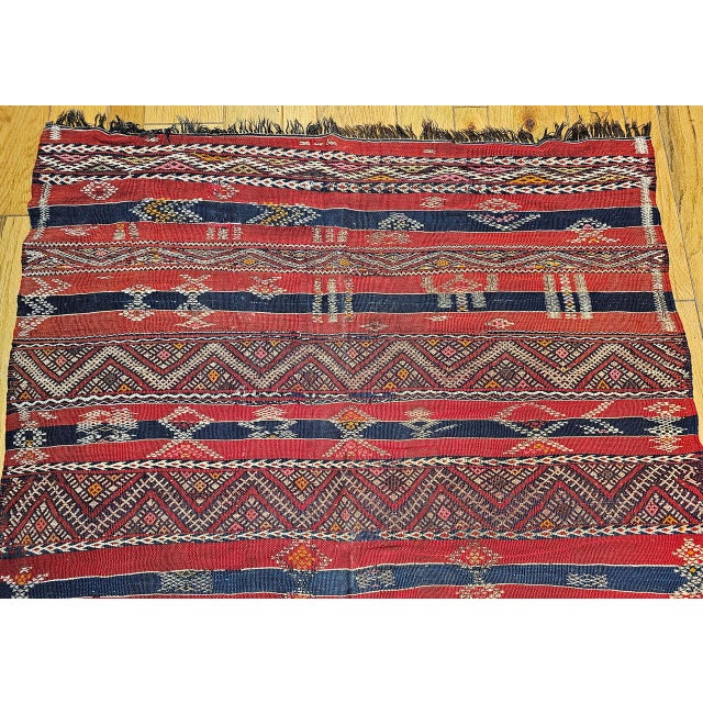 Vintage Moroccan Tribal Kilim Rug, Handwoven Wool, Stripe Pattern, Red & Blue, 5x8 For Sale - Image 13 of 18