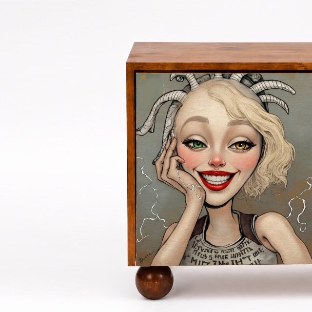 Greige "The Witness of Three" Limited-Edition Hand Painted Credenza For Sale - Image 8 of 11