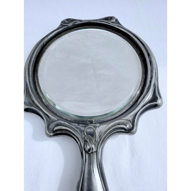Glass Antique Art Nouveau Silver Plate Hand Mirror With Repoussé Floral Design For Sale - Image 7 of 11