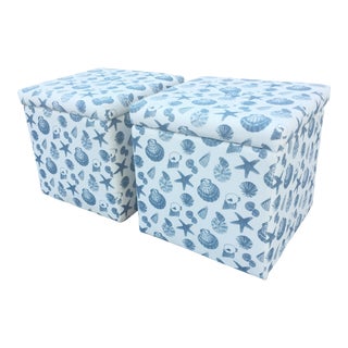 Seashell Print Nautical Storage Ottomans - a Pair For Sale