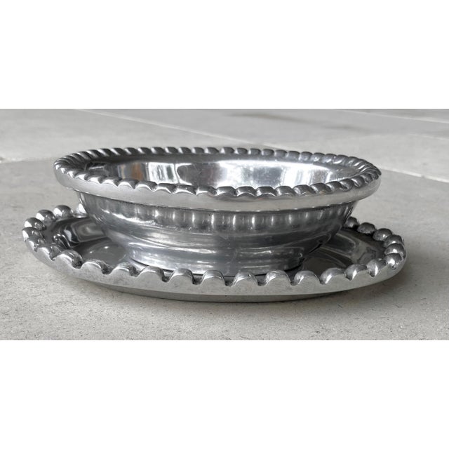 Circa 1980 Beaded Rim Byzantine-Inspired Mexican Pewter Oval Bowl & Underplate Set For Sale - Image 15 of 18