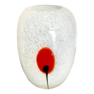 Minimalist Modern White Speckle Art Glass Vase With Red Flower For Sale