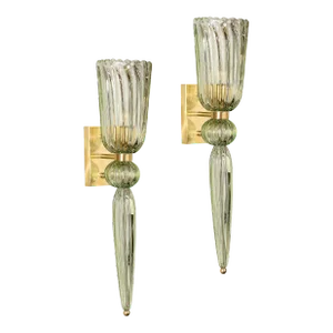 Modernist Celadon Hand-Blown Murano Glass & Brass Sconces With Elongated Drop