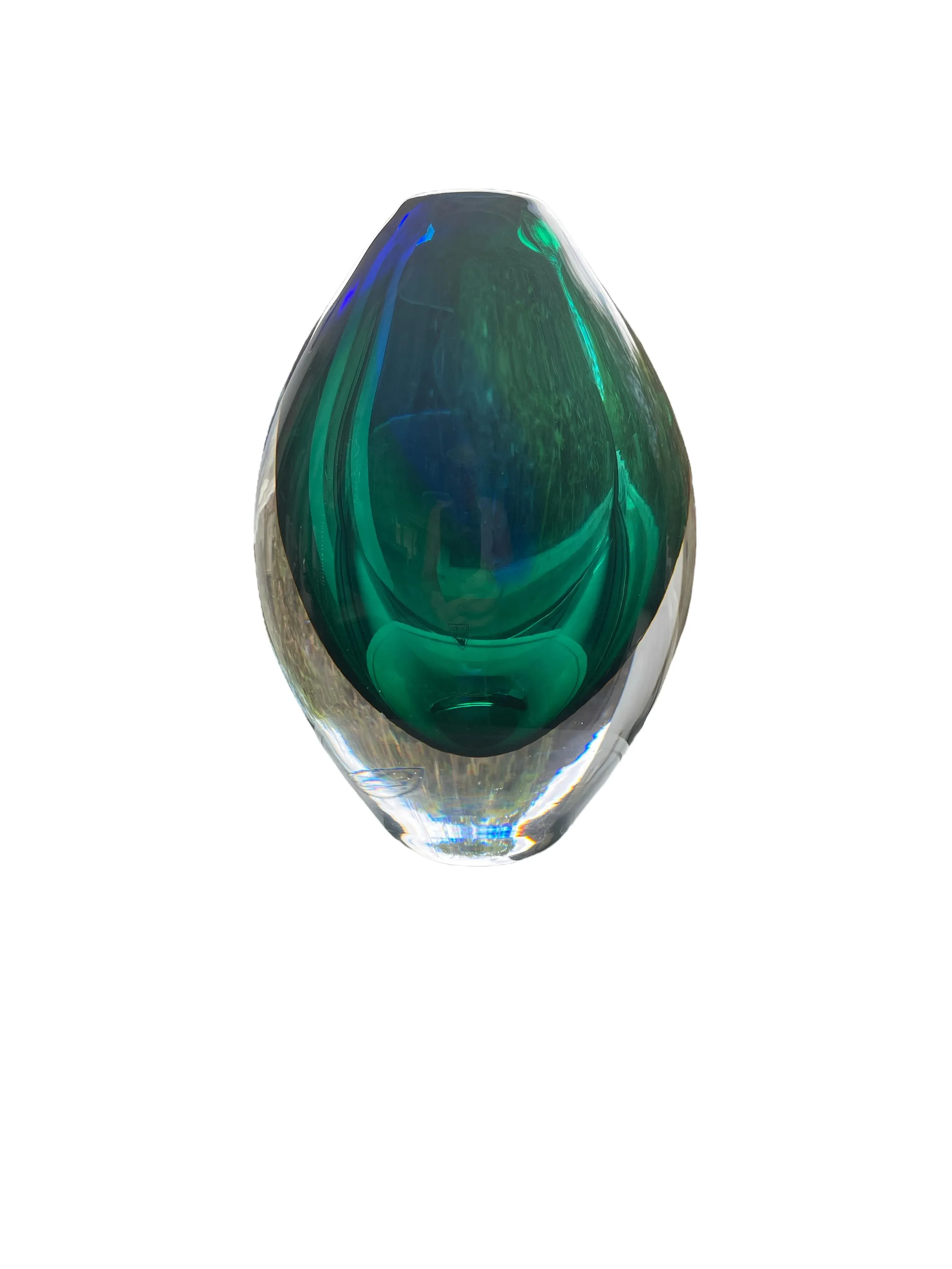 1980s Orrefors Erika Lagerbielke Green/Blue Rosebud Vase | Chairish