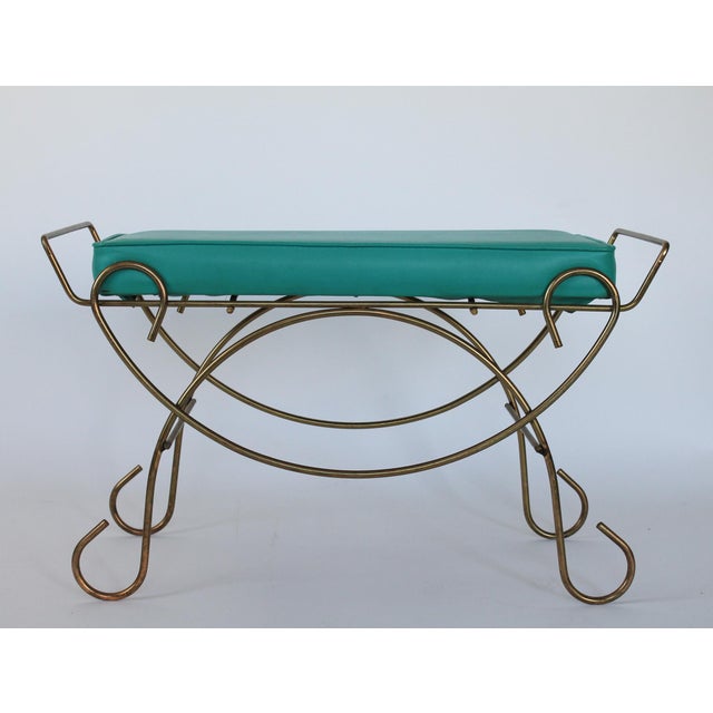 Mid-Century Modern Mid-Century Brass Vanity Seat Bench W/ Turquoise Seat Cushion For Sale - Image 3 of 11