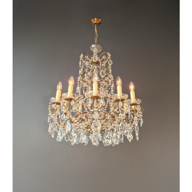 1940s Antique French Italian Crystal Chandeliers Brass Rococo Style Restored - a Pair For Sale - Image 5 of 11
