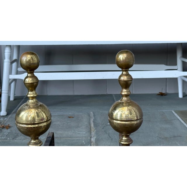 Pair of French Style Brass Andirons With Fleur De Lis For Sale - Image 4 of 11