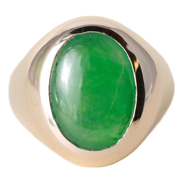 Gia Certified 6.17 Carat Jade No Treatment Bezel Set 18k Gold Vintage Ring, Size 7 For Sale