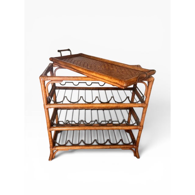 1990s Maitland-Smith Rattan & Bamboo Bar Cart / Wine Rack With Removable Tray For Sale In West Palm - Image 6 of 14